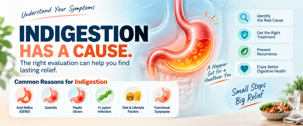 Common causes of persistent indigestion including GERD, gastritis, peptic ulcers and H. pylori infection