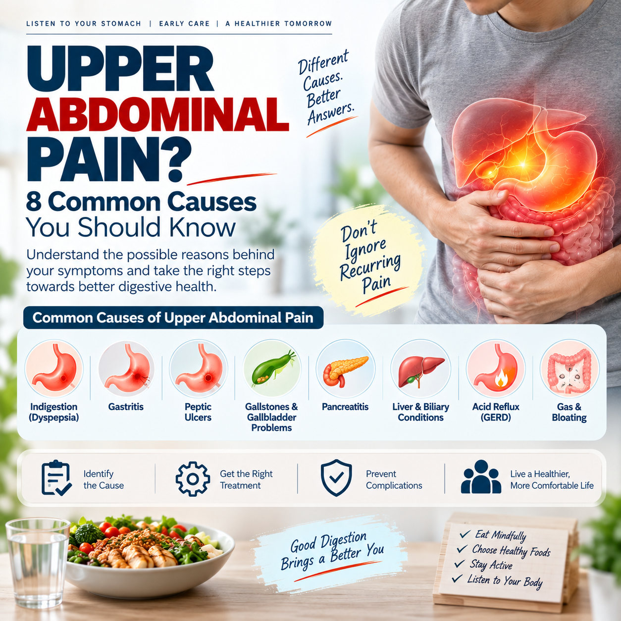 Upper abdominal pain and 8 common causes including gastritis, gallstones, ulcers, GERD and pancreatitis