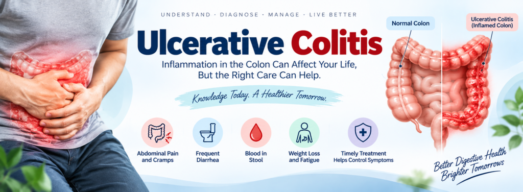 Ulcerative colitis inflammation in colon showing abdominal pain diarrhea and blood in stool
