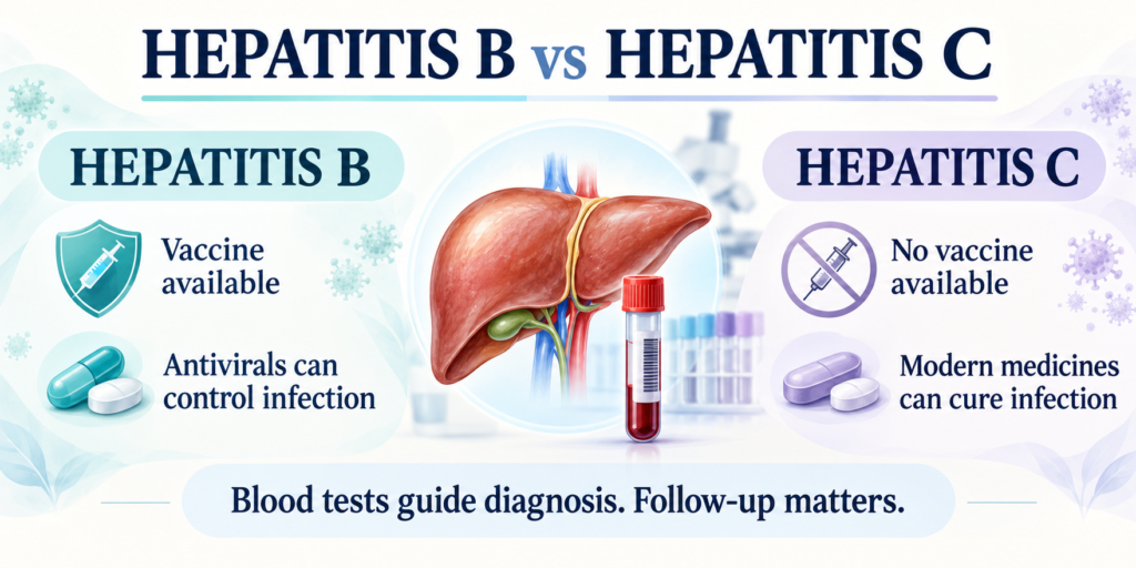 Hepatitis B vs hepatitis C illustration comparing vaccine availability and treatment, with a liver and blood sample tube.