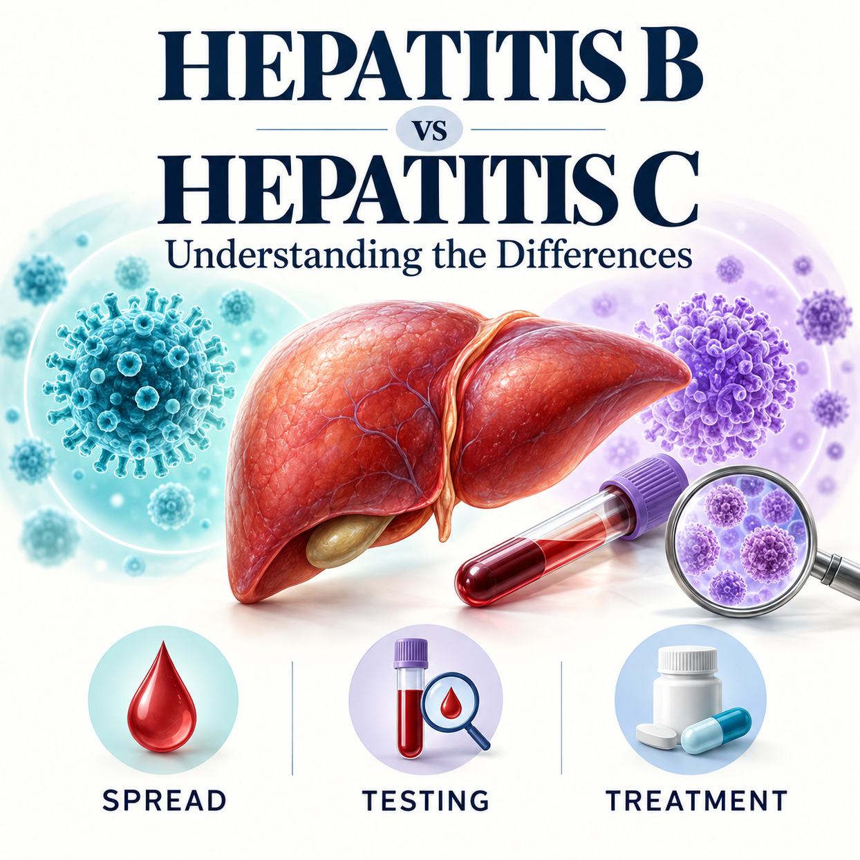 Comparison illustration of hepatitis B and hepatitis C showing blood tests, vaccination and treatment. Use only if the image depicts this.
