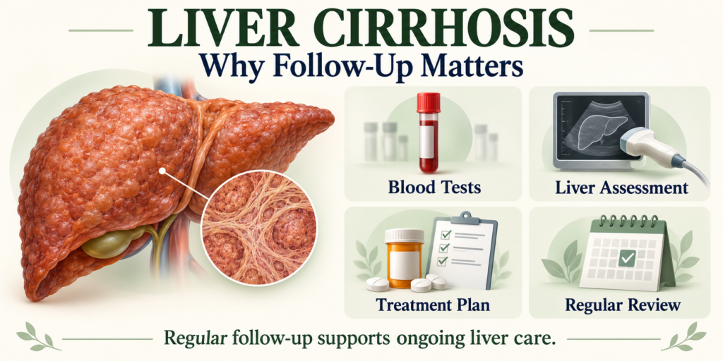Scarred liver illustration with icons for blood tests, liver assessment, treatment planning and regular cirrhosis follow-up.